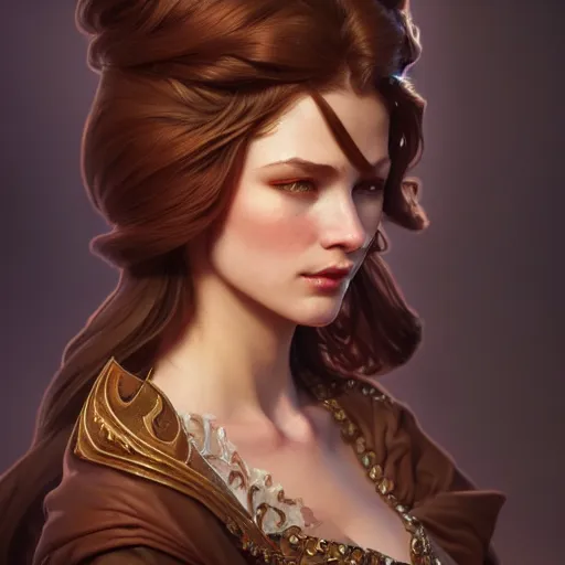 Image similar to aristocrat, female, d & d, fantasy, intricate, elegant, highly detailed, brown hair, digital painting, artstation, octane render, concept art, matte, sharp focus, illustration, hearthstone, art by artgerm, alphonse mucha johannes voss