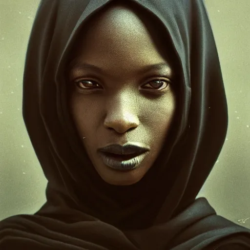 Image similar to a portrait of a young black woman wearing a long dark cloak, hood and shadows covering face, anatomically correct, beautiful perfect face, enigmatic, oil painting, matte painting, black background, Volumetric dynamic lighting, Highly Detailed, Cinematic Lighting, Unreal Engine, 8k, HD, by Beksinski