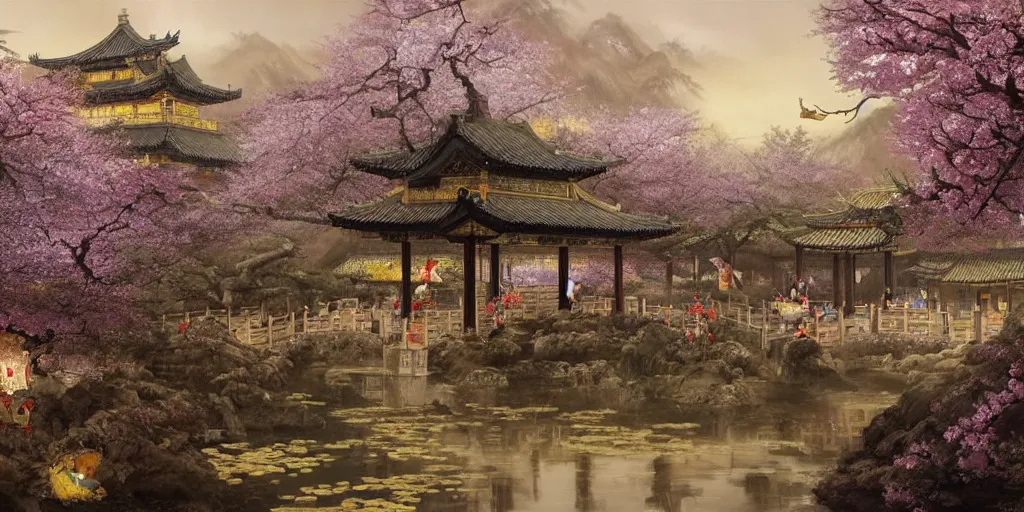 Image similar to a street in a ancient chinese characteristics. it has a high degree of fantasy. cherry blossom forest, there are pavilions in the air, koi jumping in the air, and fairy birds and animals such as cranes and deer coexist with people. it is the life scene of the ancient people, a detailed matte painting by christophe vacher and albert bierstadt