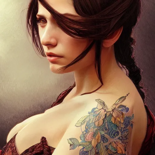 Image similar to ultra realistic illustration, a hot brunette tattooed slavic woman in her late 2 0's, intricate, elegant, highly detailed, digital painting, artstation, concept art, smooth, sharp focus, illustration, art by artgerm and greg rutkowski and alphonse mucha