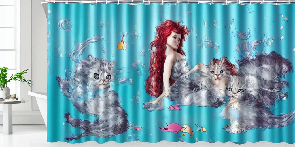 Image similar to a ( ( main coon kitten ) ) little mermaid themed shower curtain, shower curtain product photography. digital art. 4 k, highly detailed. saturated.