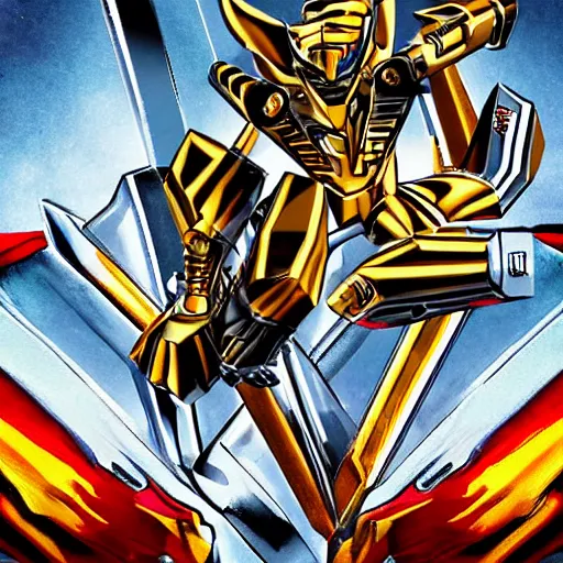 Image similar to metallic / chrome tigerzord in the style of james white. epic illustration.