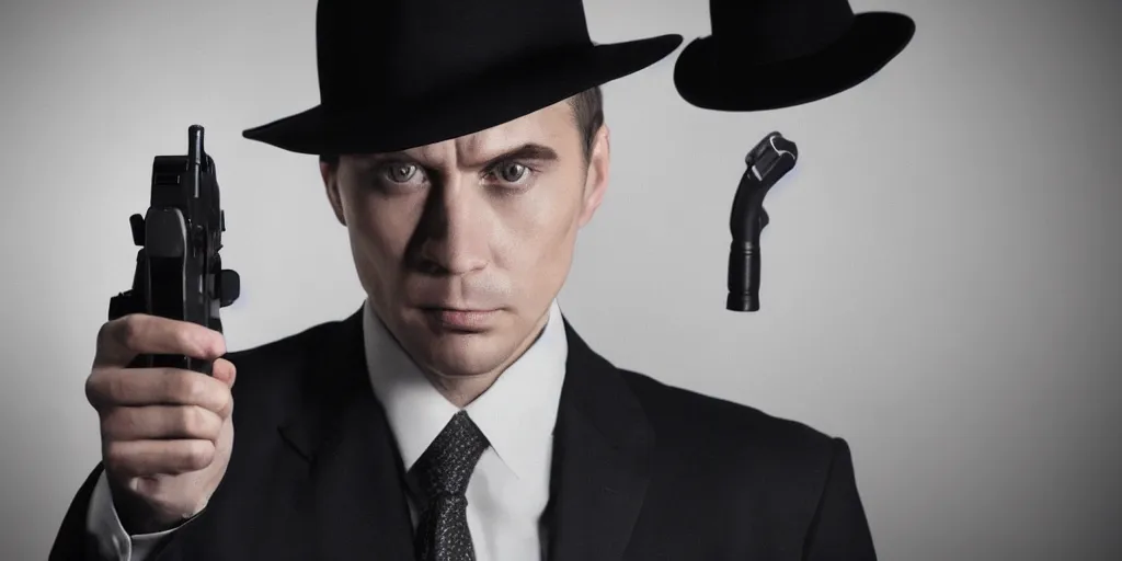 Image similar to serious looking man in a black suit and black fedora hat. he has a big silver gun, 4 k, atmospheric, epic scene, strong shadows, high contrast