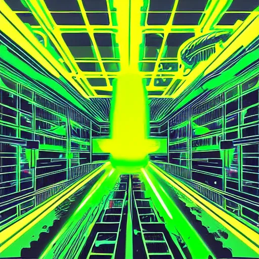 Prompt: a scifi illustration, factory interior with vats of neon green fluid. seen from above, parallax bloom effect, heavy linework line brush, graphic novel style