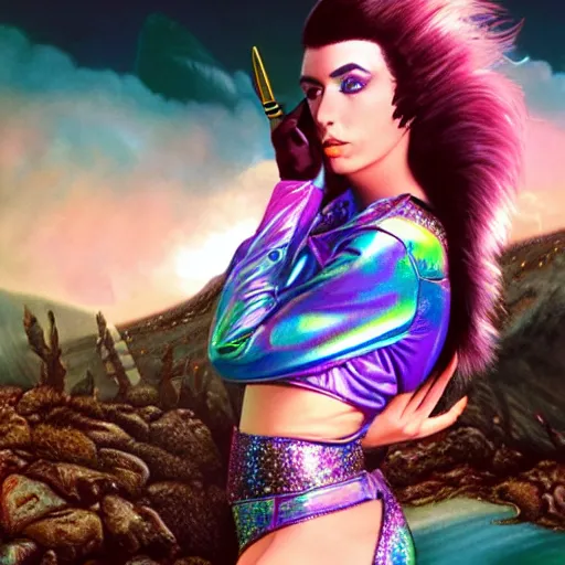 Prompt: high fantasy 1 9 8 0's wargame airbrushed artwork - inspired octane render, a model wearing an iridescent clear latex jacket and colorful iridescent glittery makeup posing in a volcanic black rock landscape