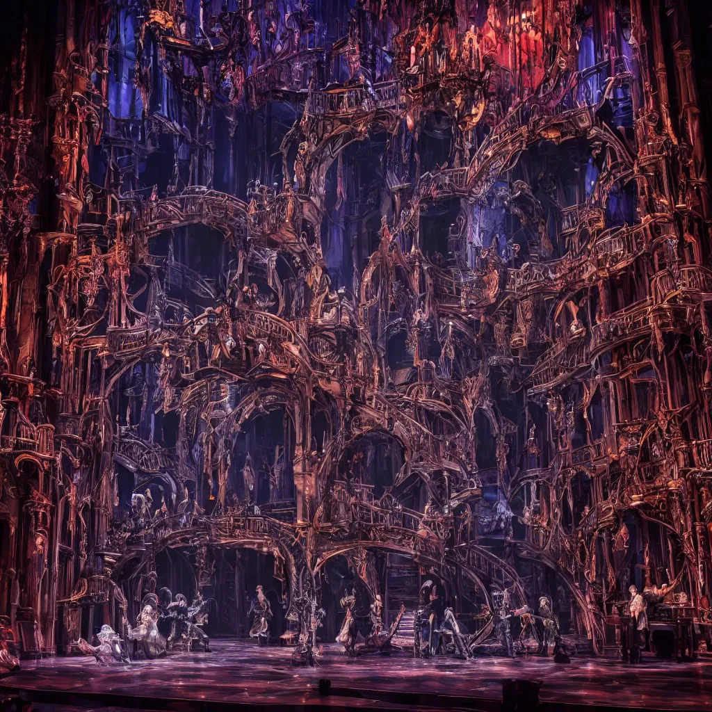 Prompt: photo, a highly - themed dramatic broadway musical set design with huge spectacle, dark and moody futuristic, a dark gothic psychedelic palace