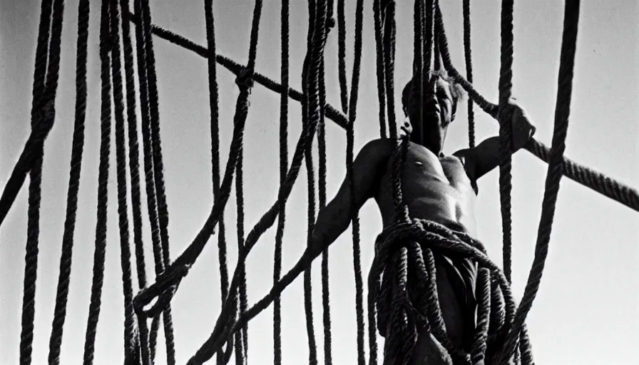 Prompt: 1 9 6 0 s movie still close - up of marcus atilius regulus tied with ropes at pole in direction of the burning sun with blood flowing down his eyes cinestill 8 0 0 t 3 5 mm b & w, high quality, heavy grain, high detail, texture, dramatic light, anamorphic, hyperrealistic, detailed hair