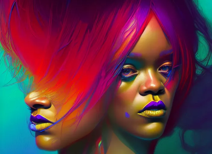 Prompt: A psychedelic portrait of rihanna looking weird, vibrant color scheme, highly detailed, in the style of romanticism, cinematic, artstation, Moebius, Greg rutkowski