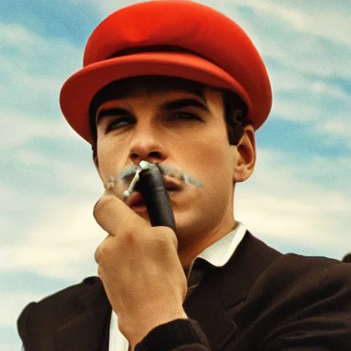 Image similar to Mario in a hat smoking in a french new wave Godard film aesthetic