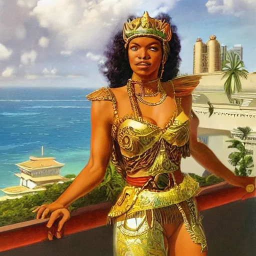 Prompt: a fijian queen looks down on her city from the palace balcony, fantasy art by boris vallejo