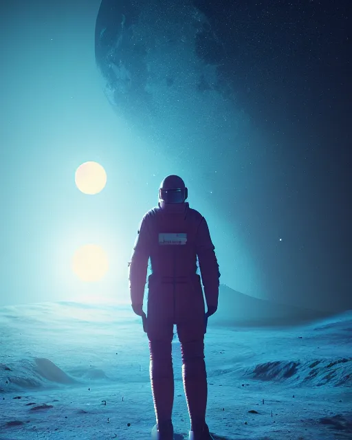 Image similar to a common person standing in front of a glowing open door that's on the moon, poster art by mike winkelmann, trending on cg society, space art, sci - fi, ue 5, futuristic, volumetric lighting