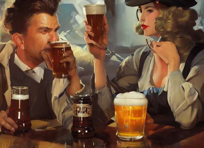 Image similar to greg manchess close - up painting of a delicious mug of beer in a dieselpunk bar, organic painting, matte painting, bold shapes, hard edges, street art, trending on artstation, by huang guangjian and gil elvgren and sachin teng