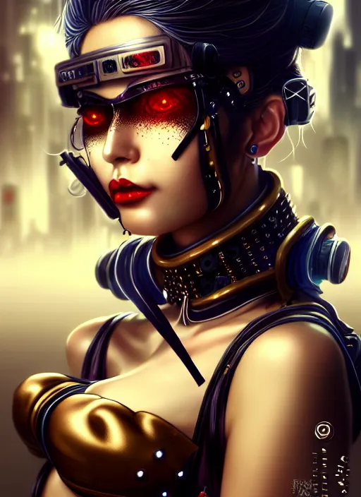 Image similar to soft lustrous ebony geisha seductive raver gutter punk steampunk cyborg, yakuza, golden ratio, details, scifi, fantasy, cyberpunk city, intricate, decadent, highly detailed, octane render, digital painting, artstation, concept art, sharp focus, illustration, art by artgerm, loish, wlop