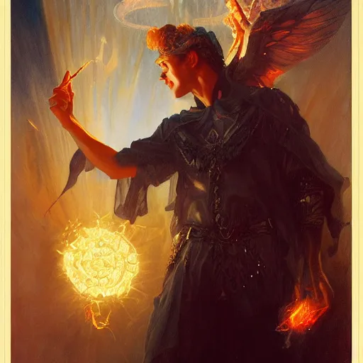 Image similar to attractive male deity casts dark spell, summoning handsome lucifer morningstar. highly detailed painting by gaston bussiere, craig mullins, j. c. leyendecker 8 k