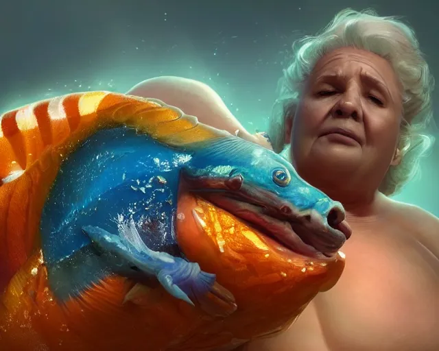 Prompt: of a very beautiful scene. ambient occlusion render. a sweet fat old woman is giving birth to a huge colorful fish. hyper realistic. 4 k. wide angle. sadness symmetrical face, red mouth, blue eyes. deep focus, lovely scene. ambient occlusion render. concept art. unreal engine.