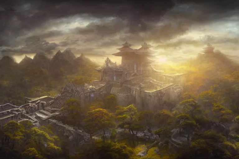 Prompt: fantasy painting, aerial view of an ancient land, sunset and ominous shadows over the kingdom, brutalist shiro himeji rivendell palace eden by jessica rossier and ( ( ( ( brian froud ) ) ) )