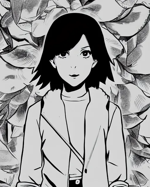 Image similar to Millie Bobby Brown in black and white anime