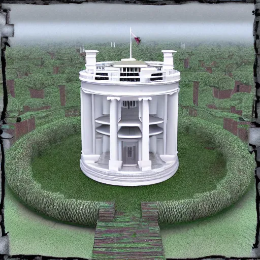 Image similar to white house in zork i, boarded front door, mailbox, kitchen window ajar, flatheadia, great underground empire, highly detailed, intricate, 8 k, self - aware ai renderer