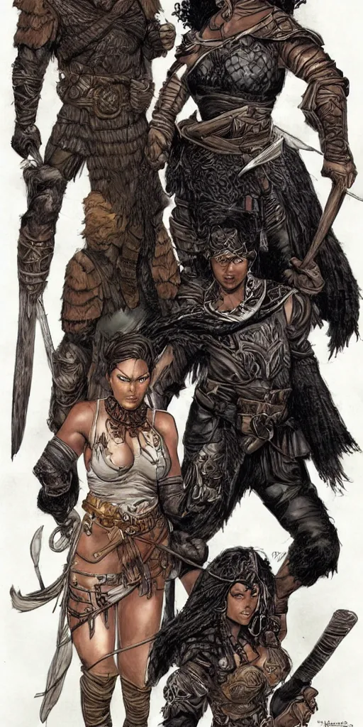 Image similar to female thief and a large young male warrior, and a young female african warrior, d & d, fantasy, portrait, in travis charest style