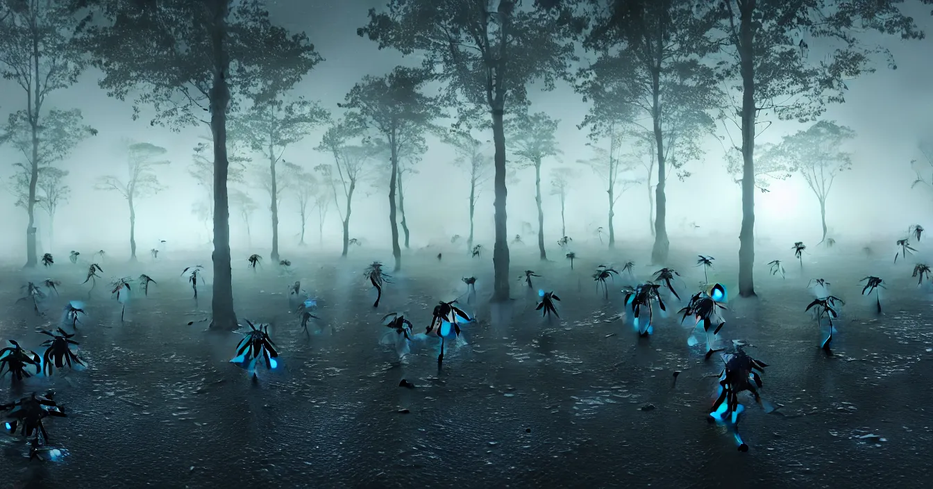 Prompt: realistic photo of wide battleground landscape, with army of transparent translucent insects fighting hardly futuristic human army, night, heavy rain, reflections, raytracing, raymarching, scattering, subsurface, full of reflections, volumetric fog light, dark and dramatic composition, deep depth, defocus, rendered in vray, raytracing, raymarching