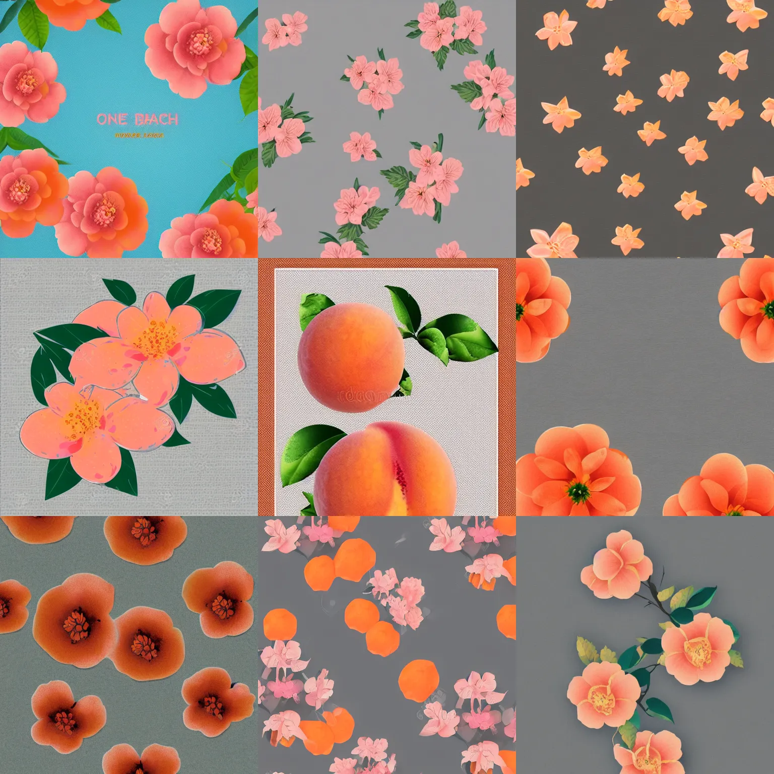 Prompt: one large colorful orange peach and pink blossoms illustration, vintage color halftone advertisement, nostalgic high saturation, solid light grey background