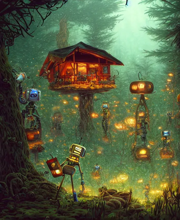 Image similar to a whimsical cabin made from robots, overgrown with huge exotic fungus, deep in the woods, by dan mumford, yusuke murata, makoto shinkai, ross tran, underwater, hellish, cinematic, unreal engine, cel shaded, featured on artstation, pixiv