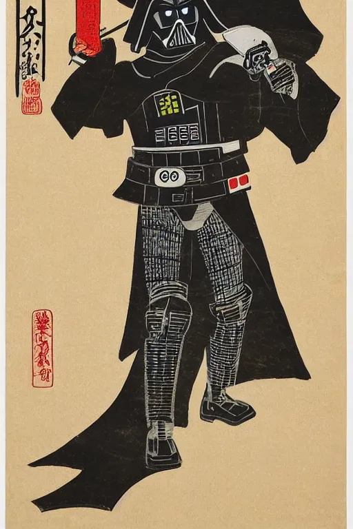 Image similar to Japanese woodblock print of Darth Vader holding a samurai sword , Hokusai