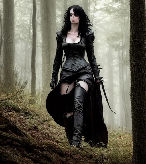 Image similar to 5 5 mm close up portrait photo of krysten ritter as yennefer of vengerberg in black leather armor and long black thick hair who has purple eyes, in a forest. magical atmosphere. art by greg rutkowski. lifelike. very detailed 8 k. intricate. soft light. nikon d 8 5 0.