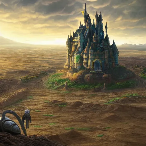 Image similar to gargantuan tortoise with a large castle rising from the shell, walking through a sandy wasteland, inspired by howls moving castle and mortal engines, mid - distant shot centered birds eye view, fantasy, hyper detailed, 4 k