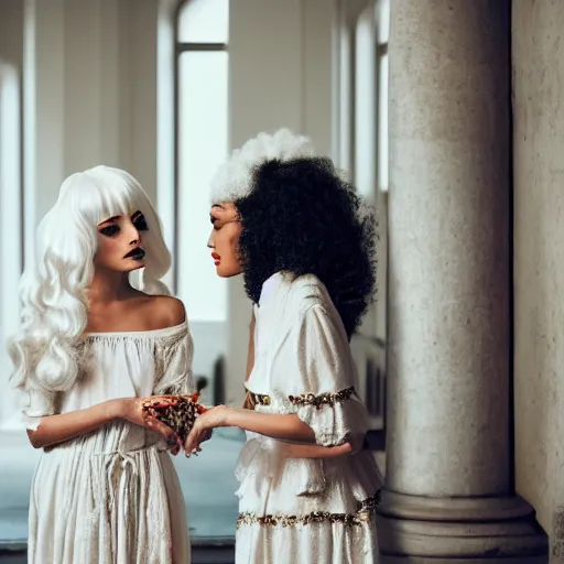 Image similar to photograph of two women with baroque white dresses and white baroque wigs in a hall, candle light fashion photography