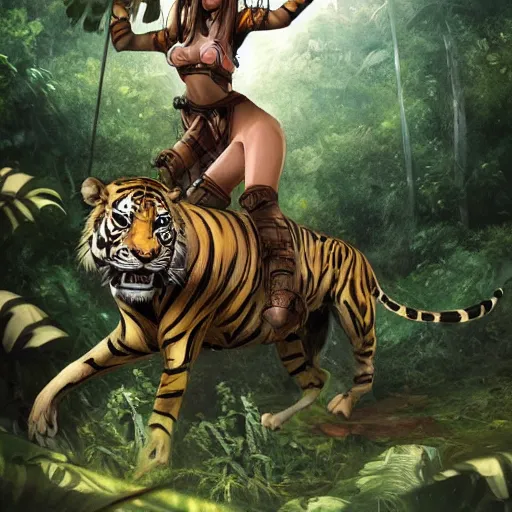 Image similar to girl riding giant tiger in the jungle, trending on artstation