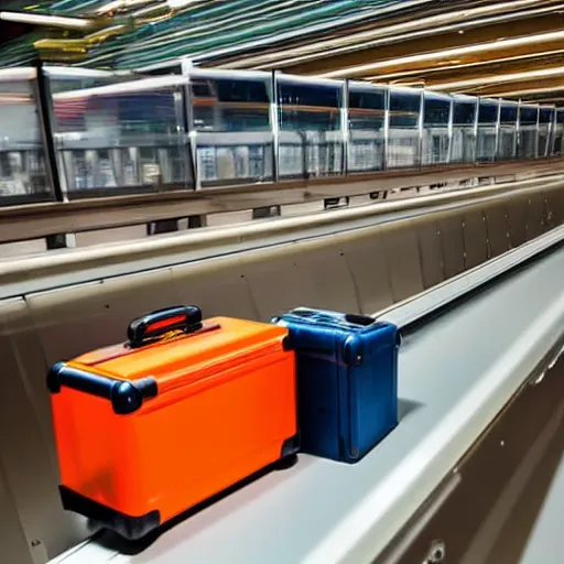 Prompt: a medium sized suitcase on an airport industrial conveyor belt, moving on its way to a plane