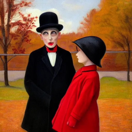 Image similar to A thin man in a black coat and bowler hat talks with small girl who is dressed in a red coat and a red hat, park, autumn, 1923, oil painting style, wide angle, high detail, width 768