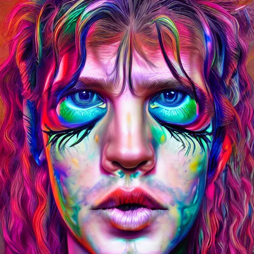 Image similar to ! dream an extremely psychedelic portrait of yungblud, surreal, lsd, face, detailed, intricate, elegant, lithe, highly detailed, digital painting, artstation, concept art, smooth, sharp focus, illustration,