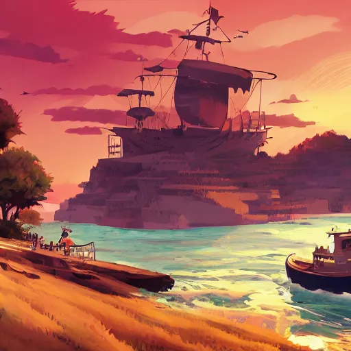 Image similar to Landscape of Pirates island and a pirate boat by Makoto Shinkai and James gilleard Eiichirō Oda