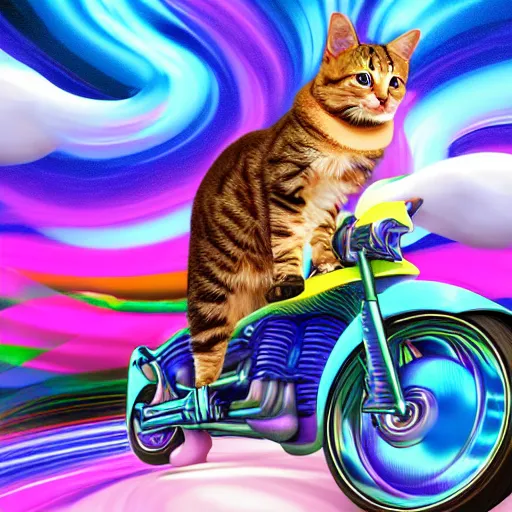 Image similar to A cat on a motorcycle with wind flowing through his jacket, driving through rainbow road, digital art