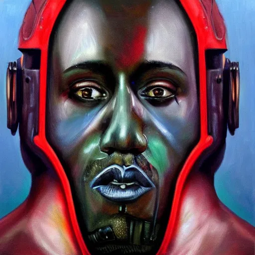 Image similar to a realistic oil painting of a cybernetic kanye west cyborg, surrealism portrait, post apocalyptic album cover