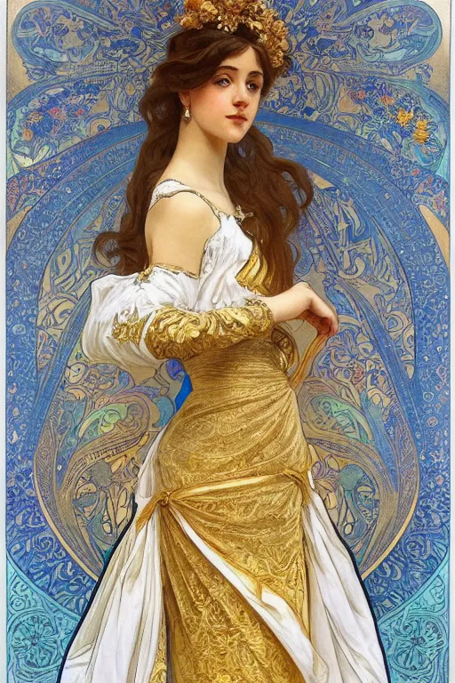 Image similar to portrait of a girl wearing an ornate gold and white dress, full body shot, highly detailed fantasy artstation artgerm alphonz mucha
