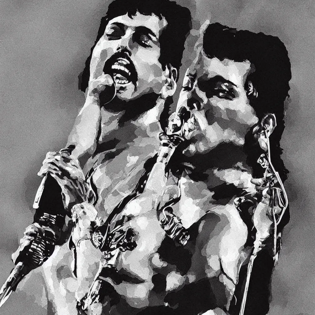 Prompt: Freddie Mercury in concert singing as a saint, microphone digital art, realistic, detailed, sharp, expressive