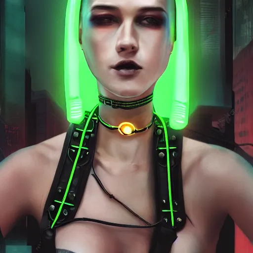 Image similar to detailed realistic cyberpunk female character cyberpunk wearing large steel collar around neck, realistic, art, beautiful, 4K, collar, choker, collar around neck, punk, artstation, detailed, female, woman, choker, cyberpunk, neon, punk, collar, choker, collar around neck, thick collar, choker around neck, wearing choker, wearing collar, bright neon punk hair,