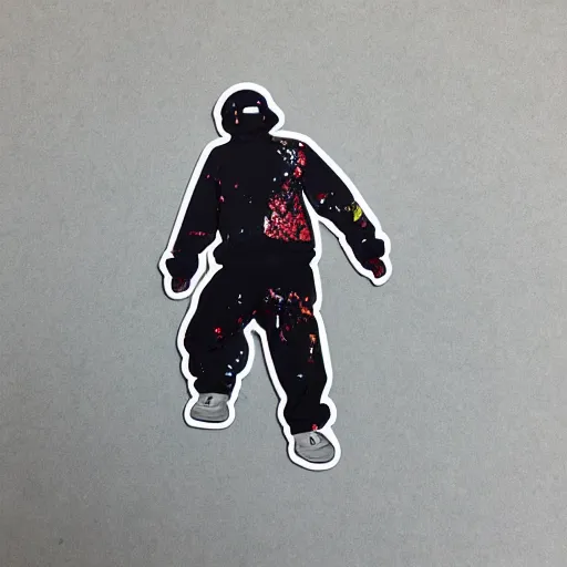 Image similar to die cut sticker, walter white breakdancing in techwear splatter paint