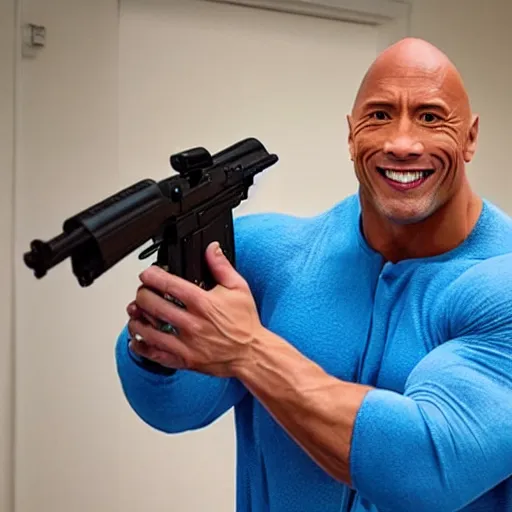 Image similar to dwayne the rock johnson, in blue onesie pajamas, holding an ak - 4 7.