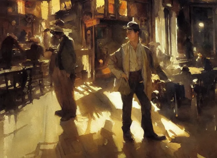 Image similar to oil watercolor painting of young guy in western bar, mysterious light, art by anders zorn, wonderful masterpiece by greg rutkowski, beautiful cinematic light, american romanticism by greg manchess, creation by tyler edlin