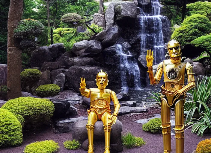 Image similar to C-3PO sitting in a lush japanese garden, C-3PO is holding a machine gun, waterfall, bright sun, still from star wars, shot on film, depth of field, nature show, incredible detail, dramatic lighting