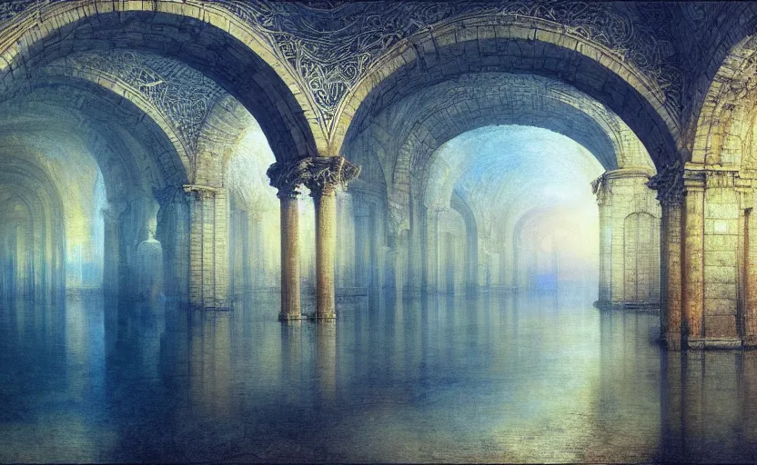 Image similar to tiled room squared waterway, aqueducts, fantasy. intricate. by artstation trending, by joseph mallord william turner, luis royo, konstantin razumov, cinematic lighting, fractal flame, highly detailed