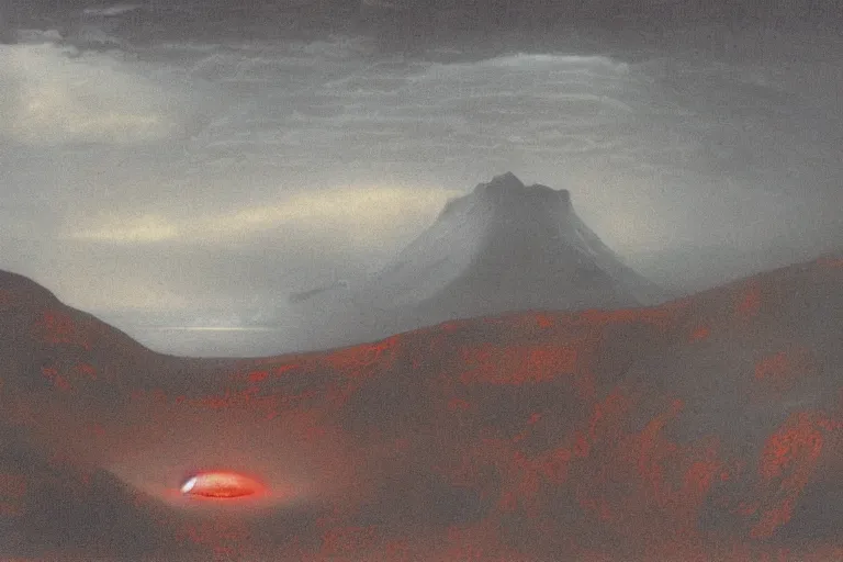 Image similar to a detailed volcanic landscape , violent clouds in the sky with glowing red eyes in the sky by Zdzisław Beksiński