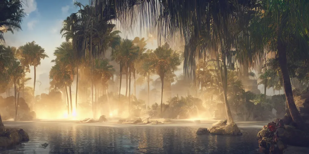 Image similar to beautiful oasis waterfalls surrounded by palm trees, moroccan tile archways, date trees, ivory towers, sun setting, ross tran, nephilim, pyroclastic flow, ethereal, fantasy, james jean, oozium, peter morbacher angelarium alchemy luxury heavenly light soft illumination, trending on artstation, cinematic lighting, digital painting, octane render, artgerm