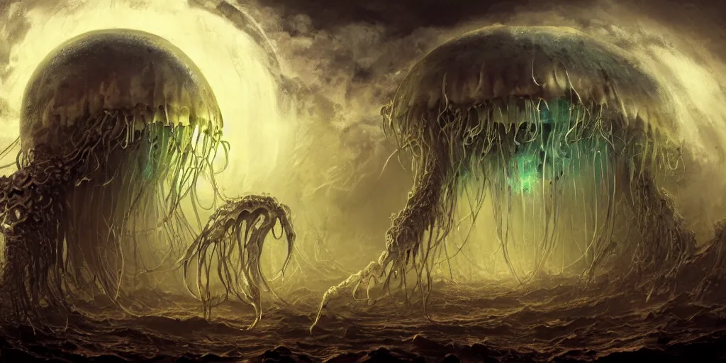 Image similar to concept art of giant translucent glowing jellyfishes, lovecraftian, lots of teeth, melting horror, round moon, rich clouds, fighting the horrors of the unknown, high resolution, very detailed, roaring, volumetric light, mist, grim, fine art, decaying, textured oil over canvas, epic fantasy art, very colorful, ornate, anato finnstark