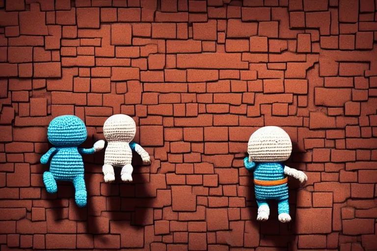 Image similar to an expedition of crochet cute astronauts discovering a hole of a brick wall. cute, illustration, digital art, inspired by little big planet, by greg rutkowski, detailed, sharp, masterpiece, highly detailed, photorealistic, octane render, 8 k, unreal engine 5, trending on artstation, vivid colors