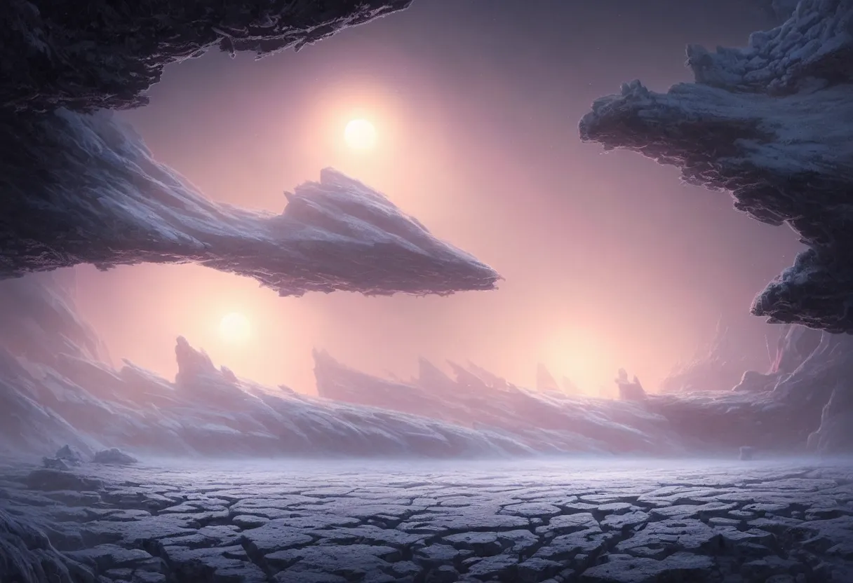 Prompt: ground level view of the surface of frozen winter alien planet at sunset, ultra high definition, ultra detailed, symmetry, fog, matte painting, by greg rutkowski and ross tran and wlop